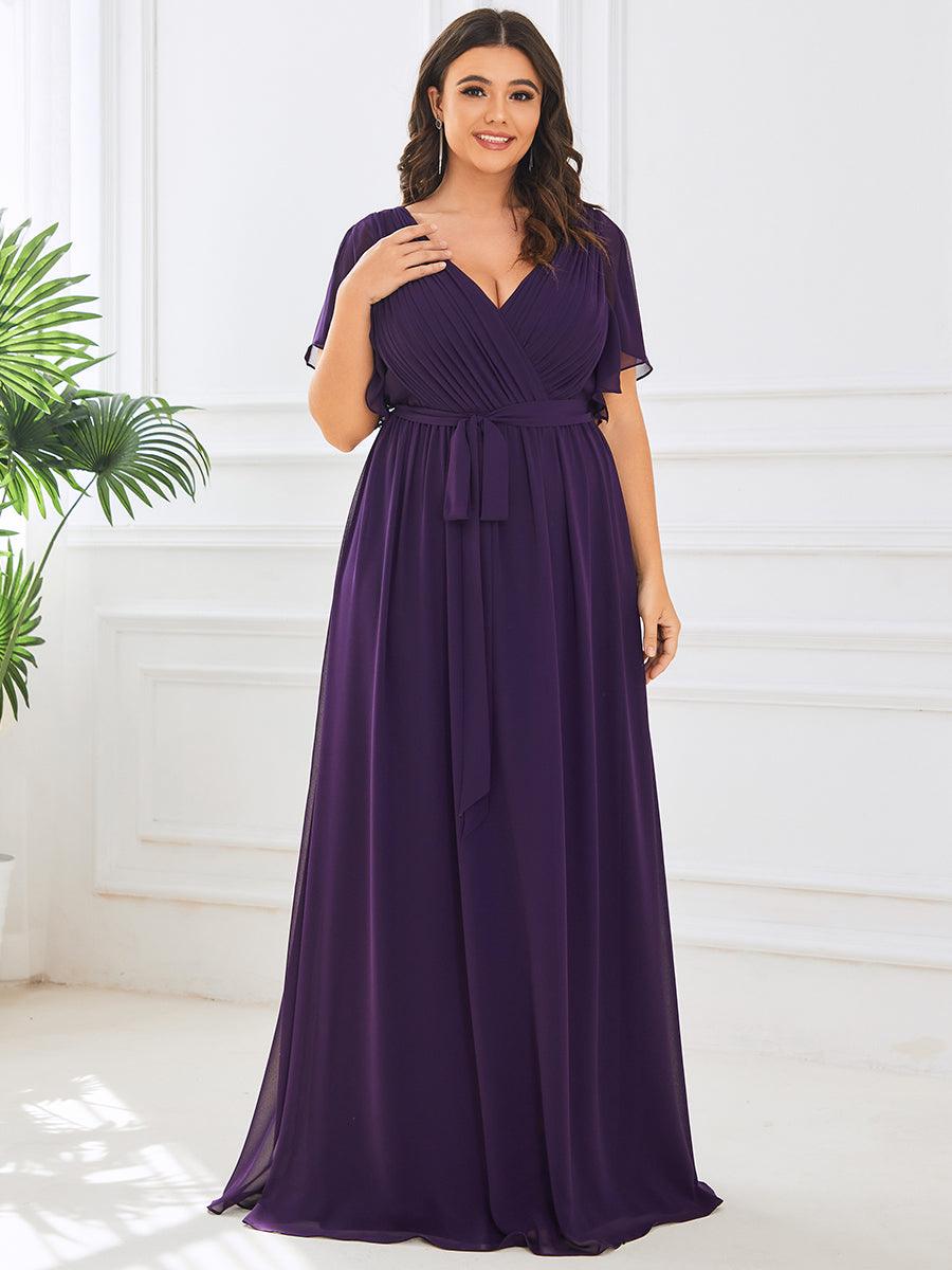 Robe de demoiselle d'honneur en mousseline de soie à encolure en V et à manches #Couleur_Violet Fonce