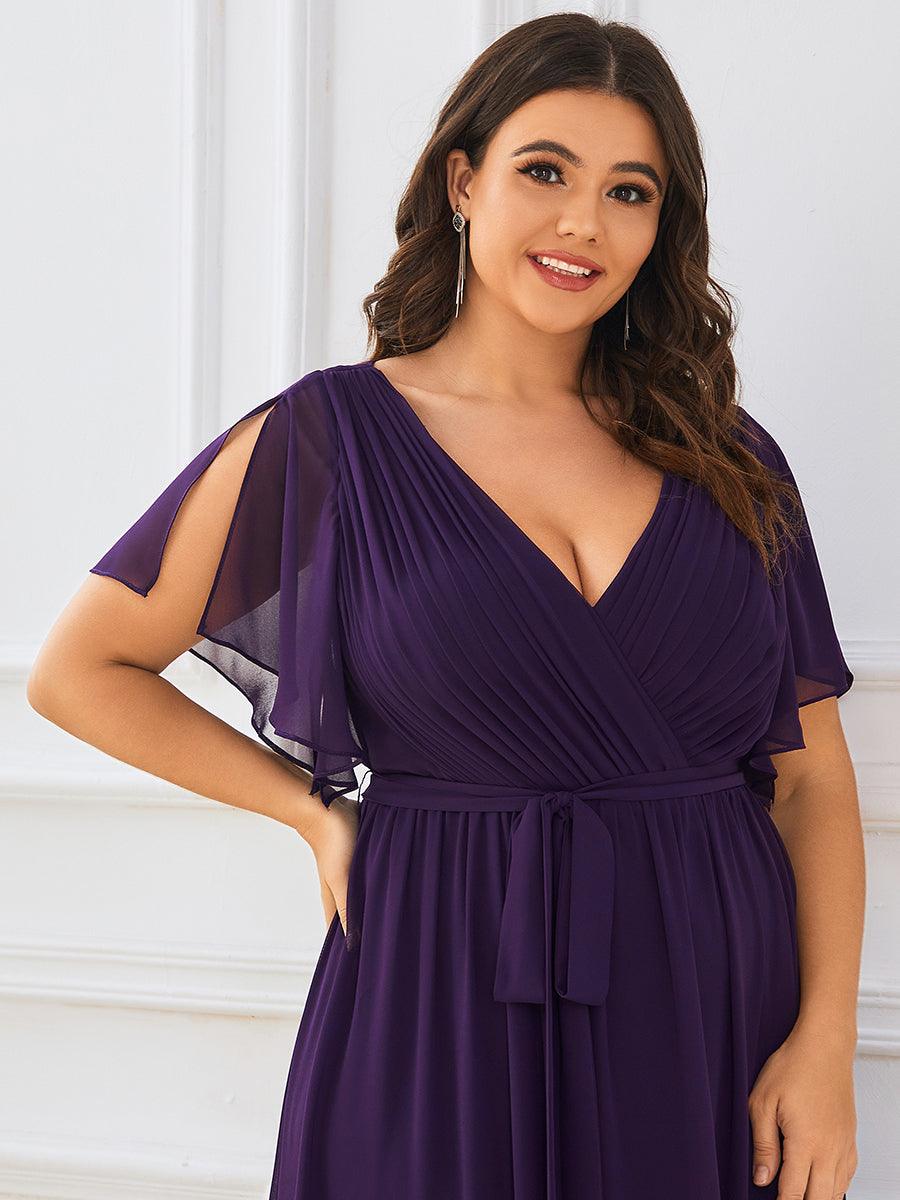 Robe de demoiselle d'honneur en mousseline de soie à encolure en V et à manches #Couleur_Violet Fonce