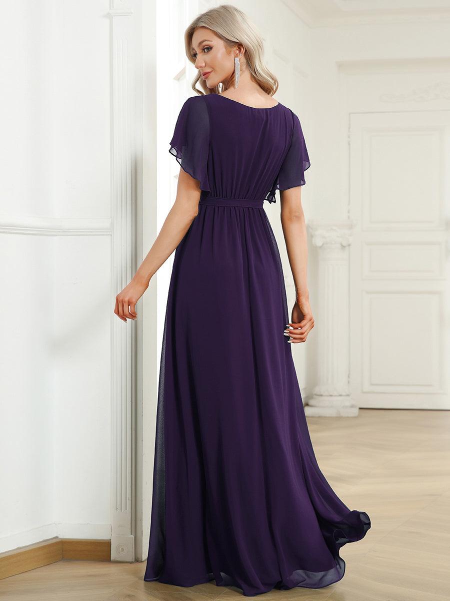 Robe de demoiselle d'honneur en mousseline de soie à encolure en V et à manches #Couleur_Violet Fonce