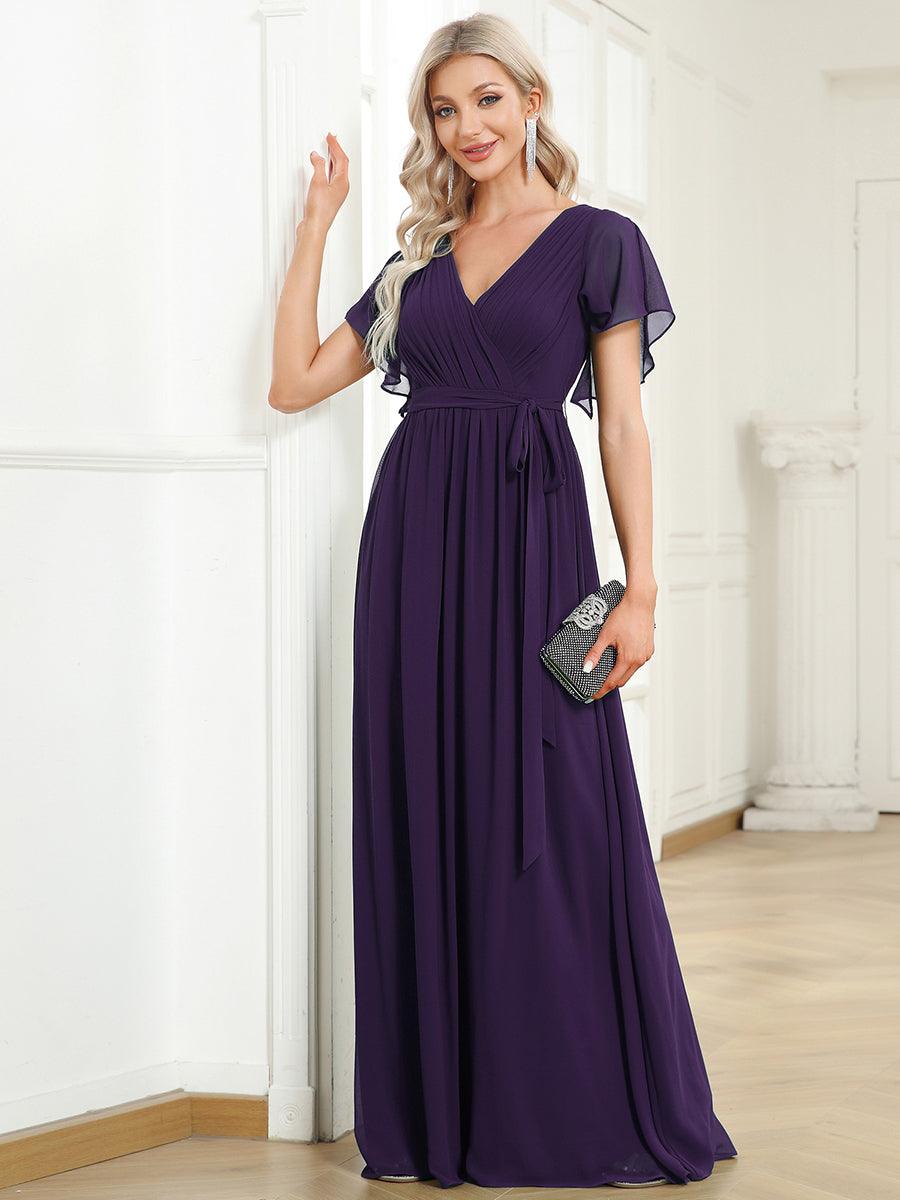 Robe de demoiselle d'honneur en mousseline de soie à encolure en V et à manches #Couleur_Violet Fonce