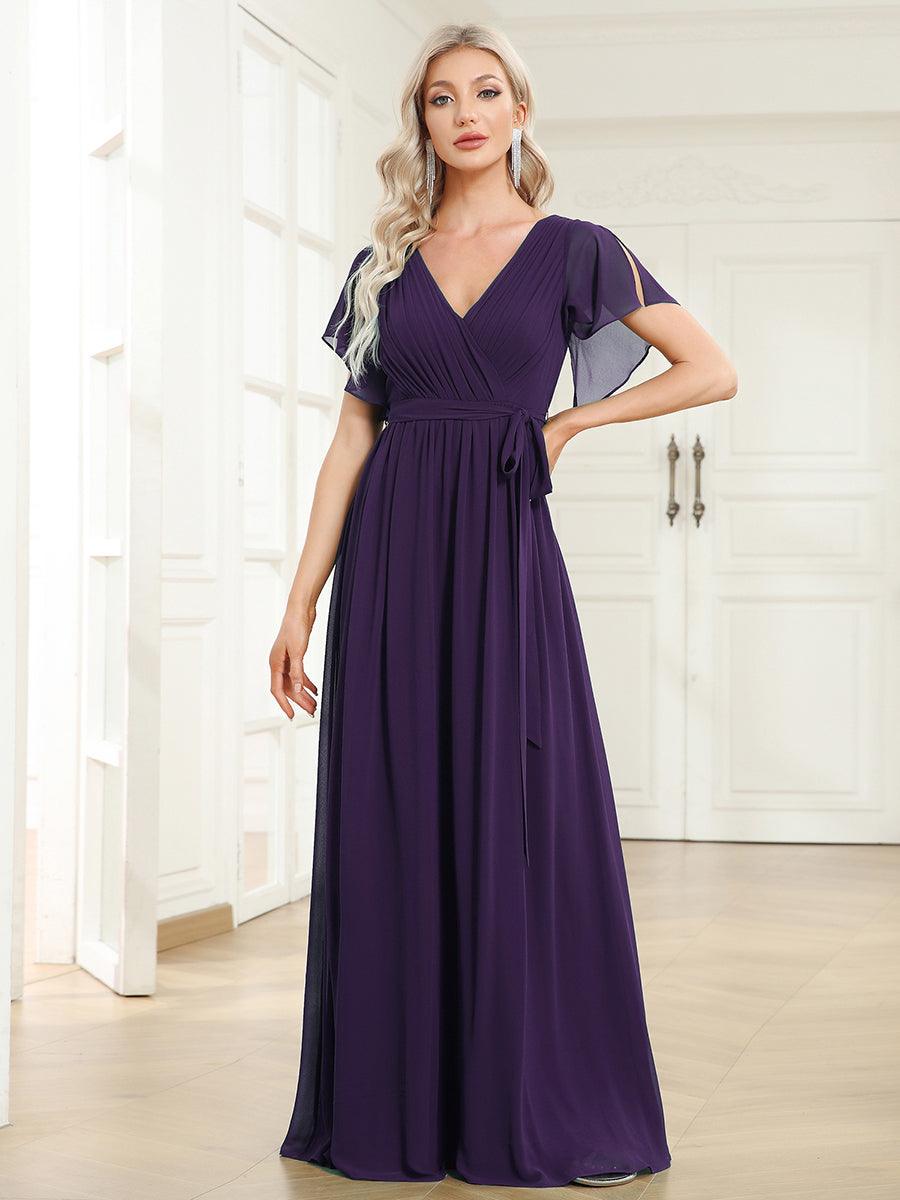Robe de demoiselle d'honneur en mousseline de soie à encolure en V et à manches #Couleur_Violet Fonce