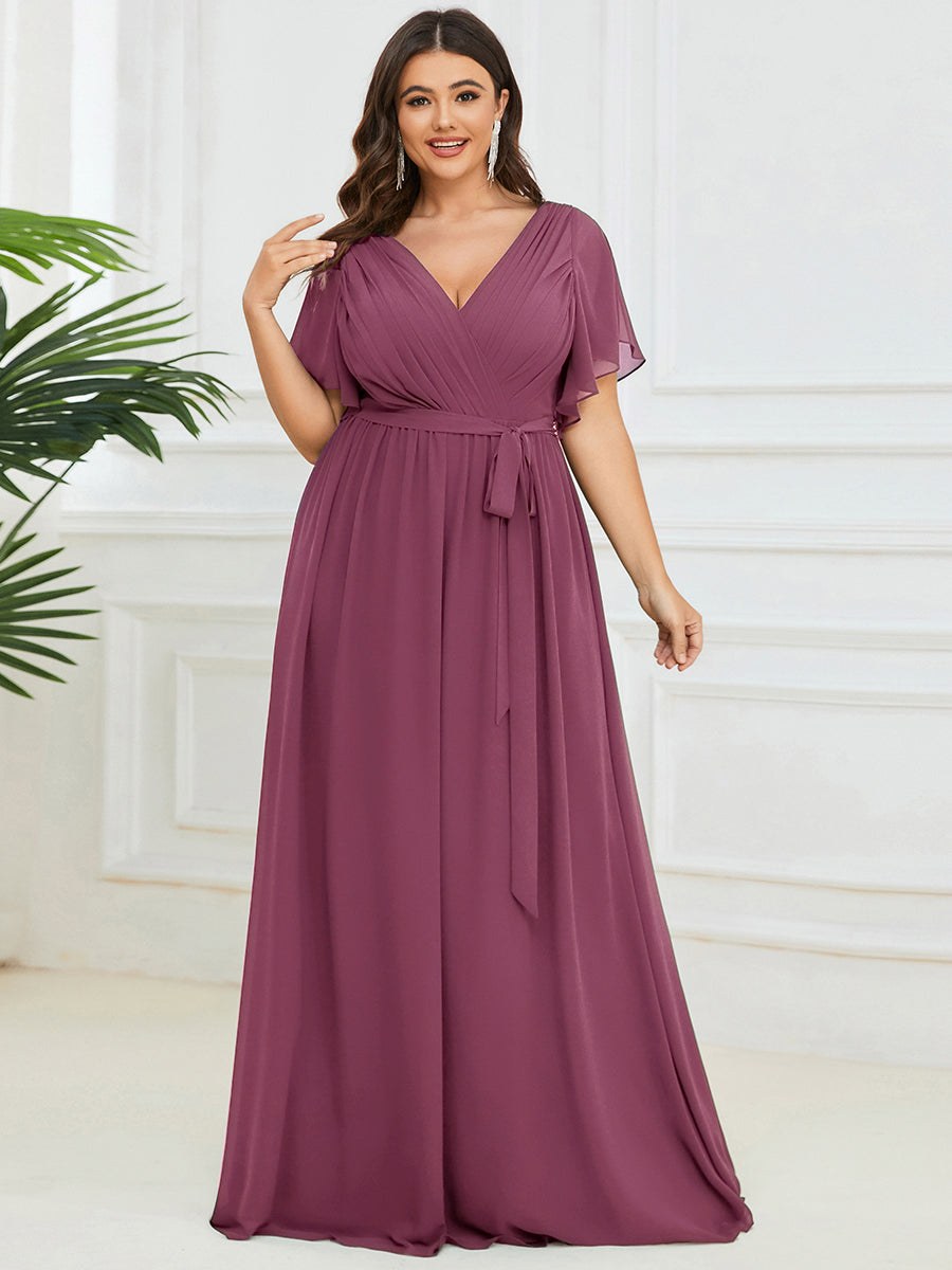 Robe de demoiselle d'honneur en mousseline de soie à encolure en V et à manches #Couleur_Prune Foncée