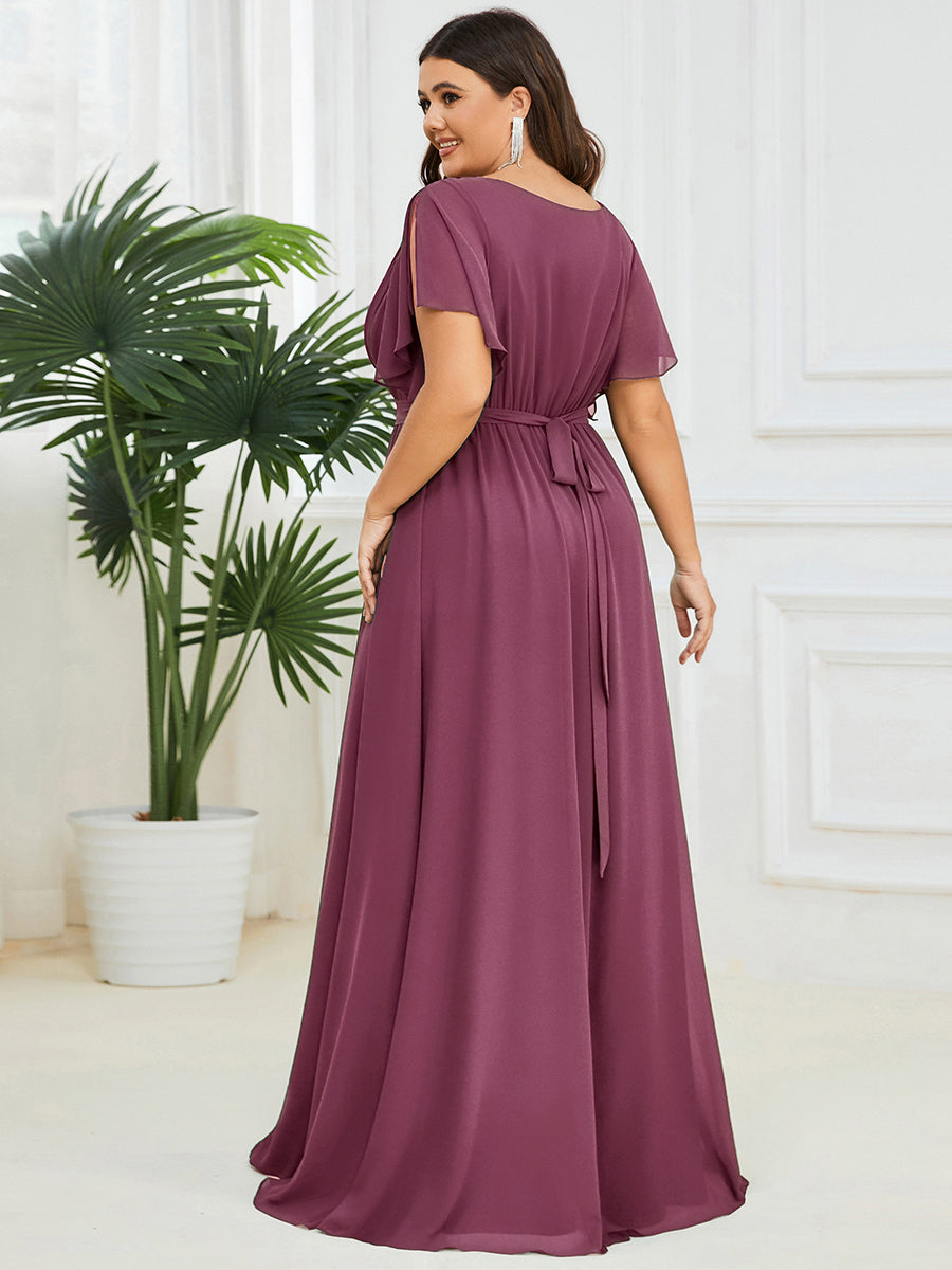 Robe de demoiselle d'honneur en mousseline de soie à encolure en V et à manches #Couleur_Prune Foncée