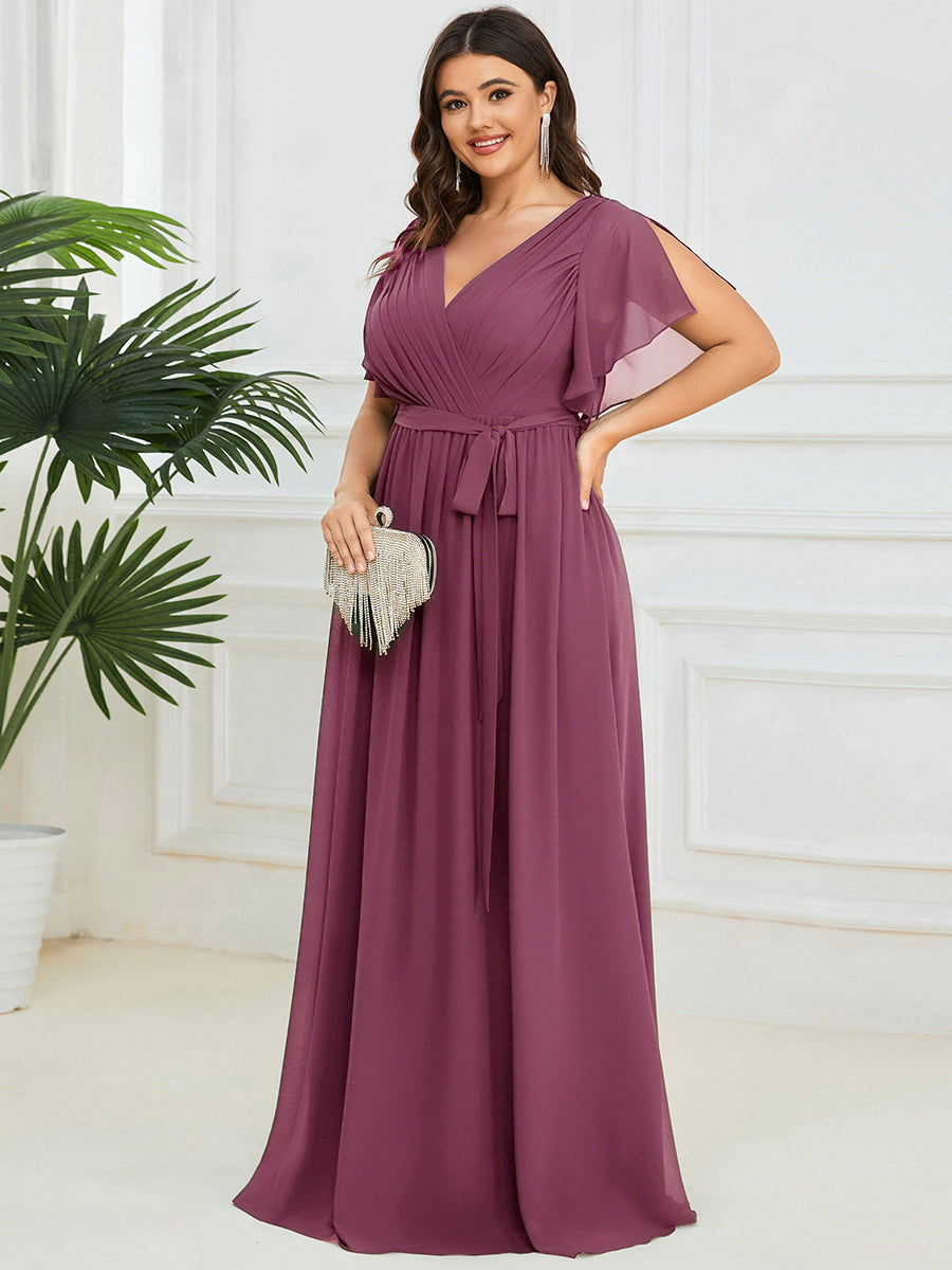 Robe de soirée en mousseline de soie longue de grande taille à encolureen V Maxi #Couleur_Prune Foncée