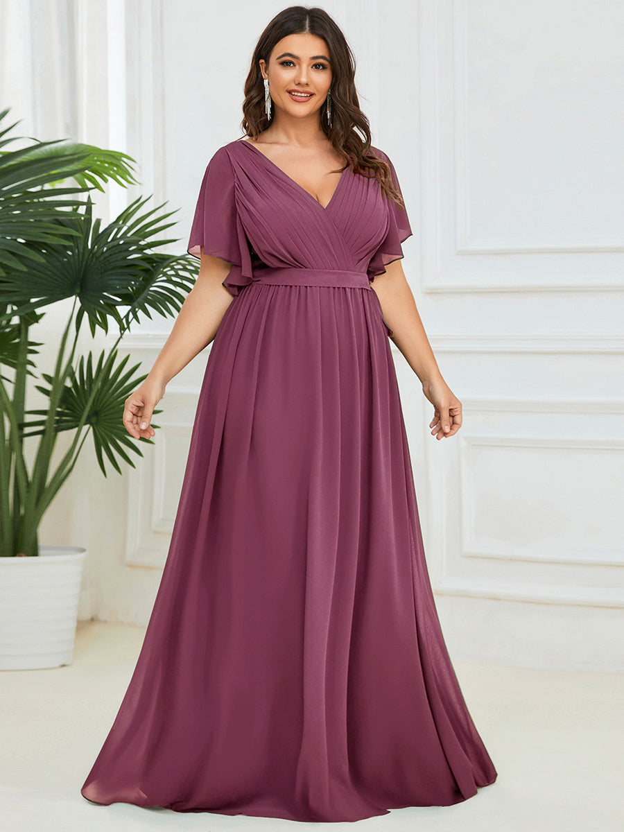 Robe de demoiselle d'honneur en mousseline de soie à encolure en V et à manches #Couleur_Prune Foncée