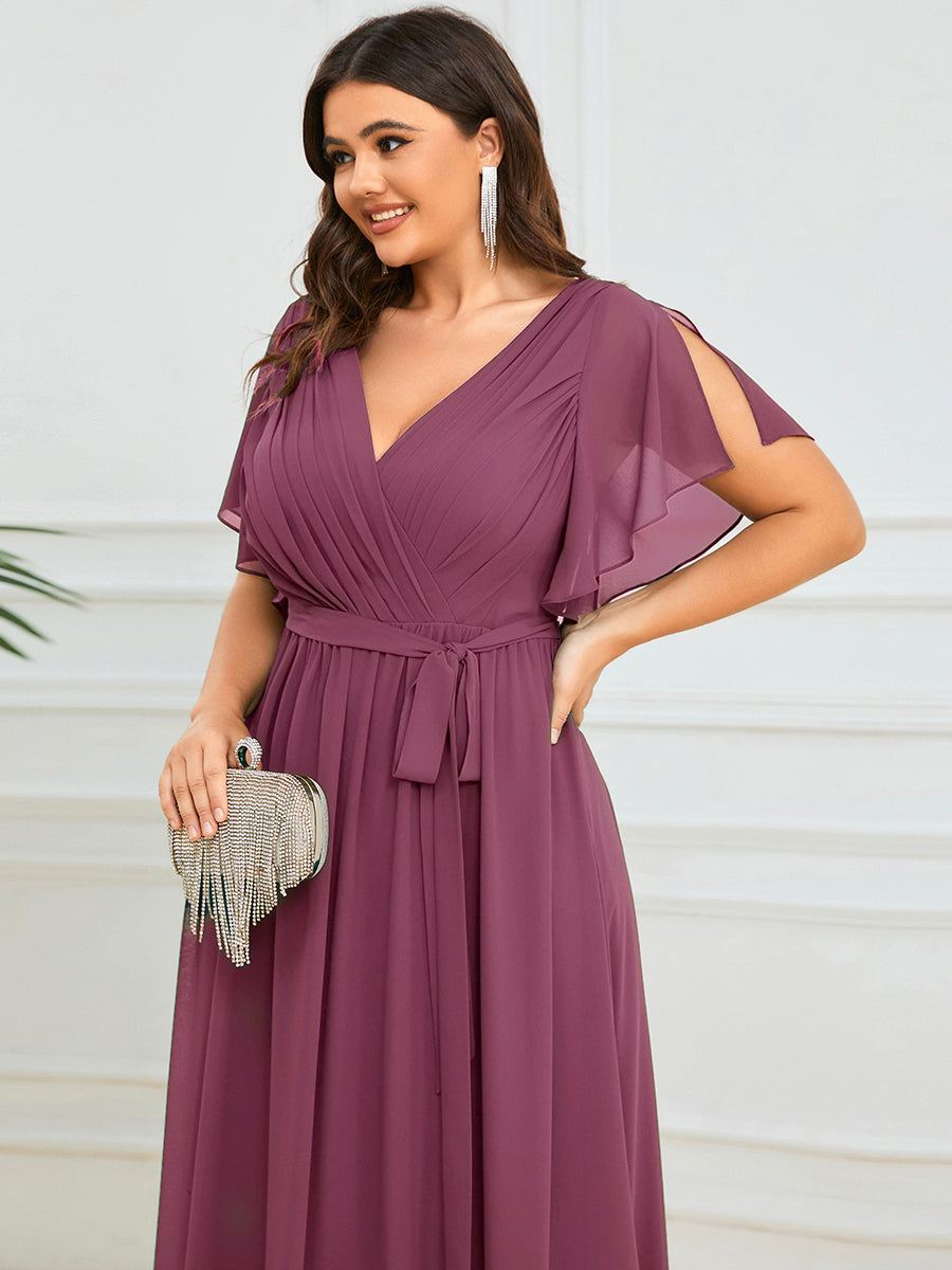 Robe de soirée en mousseline de soie longue de grande taille à encolureen V Maxi #Couleur_Prune Foncée