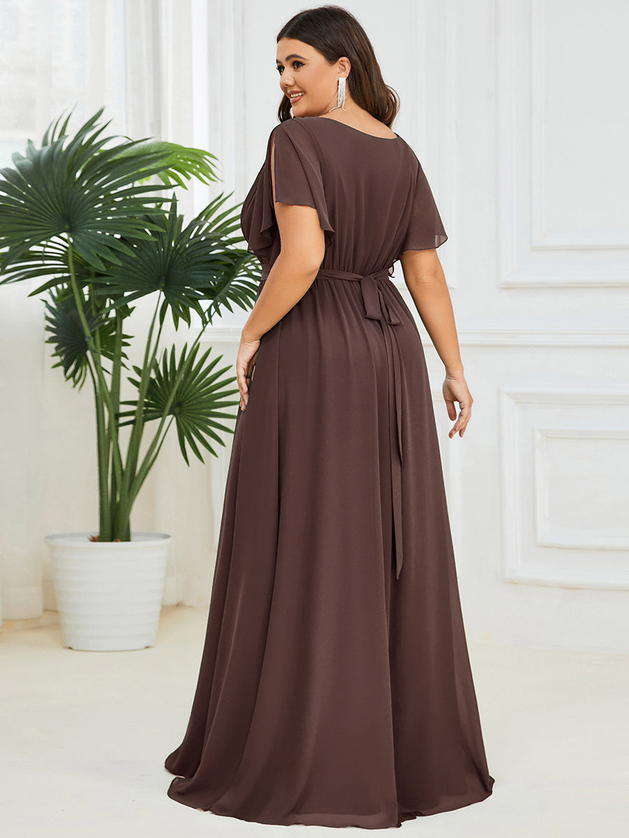 Robe de demoiselle d'honneur en mousseline de soie à encolure en V et à manches #Couleur_Marron Espresso