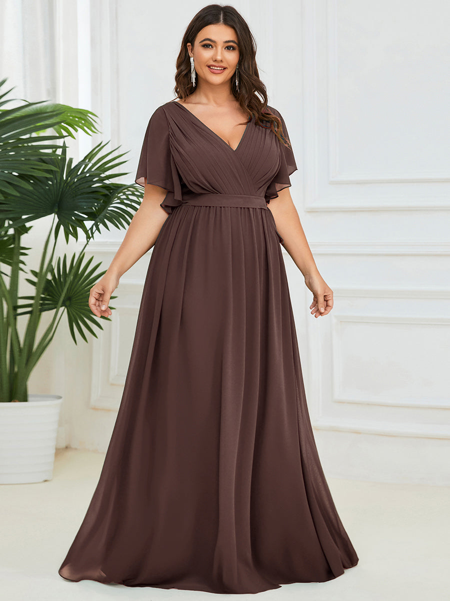 Robe de demoiselle d'honneur en mousseline de soie à encolure en V et à manches #Couleur_Marron Espresso