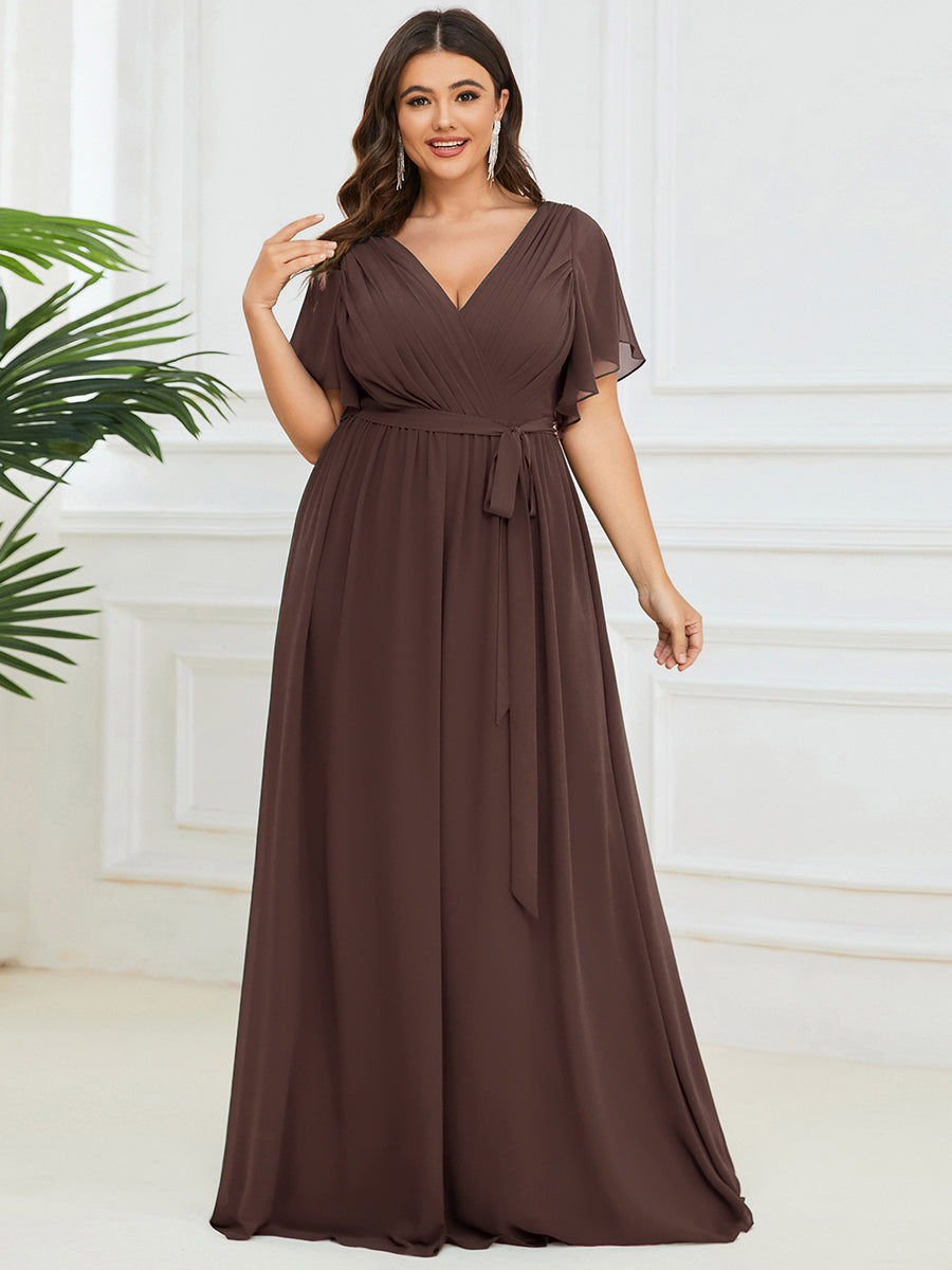 Robe de soirée en mousseline de soie longue de grande taille à encolureen V Maxi #Couleur_Marron Espresso