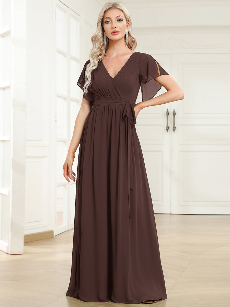 Robe de demoiselle d'honneur en mousseline de soie à encolure en V et à manches #Couleur_Marron Espresso