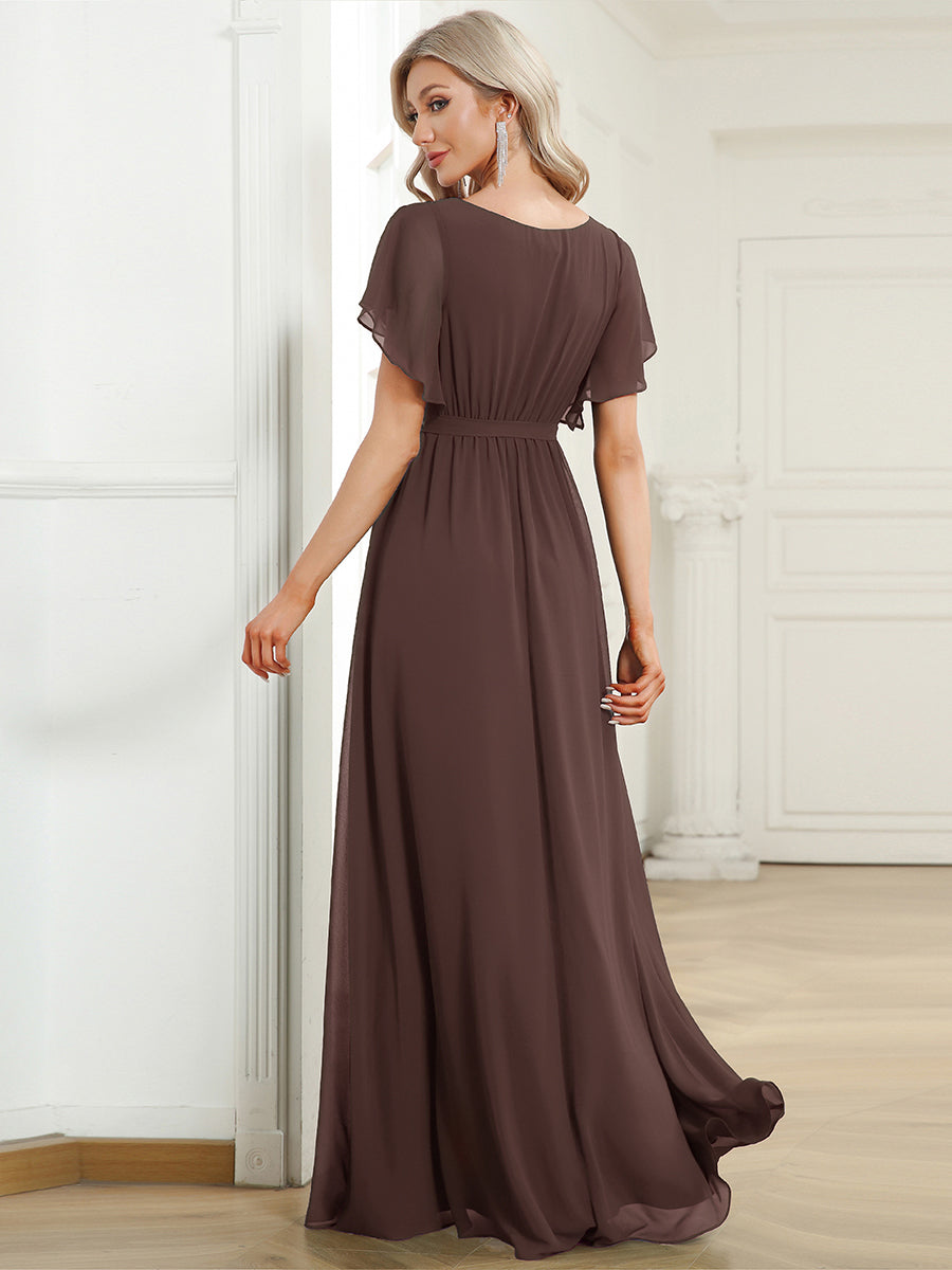 Robe de demoiselle d'honneur en mousseline de soie à encolure en V et à manches #Couleur_Marron Espresso