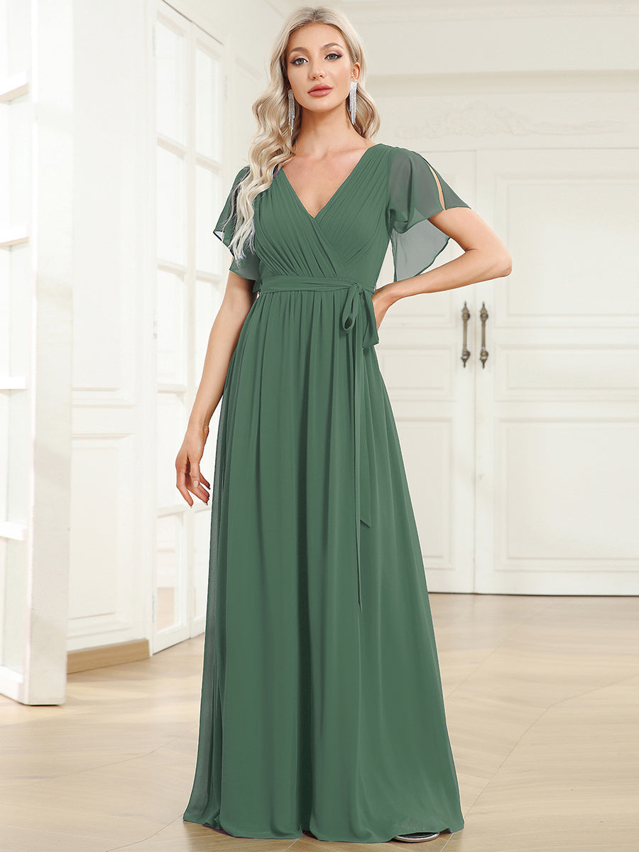 Robe de demoiselle d'honneur en mousseline de soie à encolure en V et à manches #Couleur_Eucalyptus