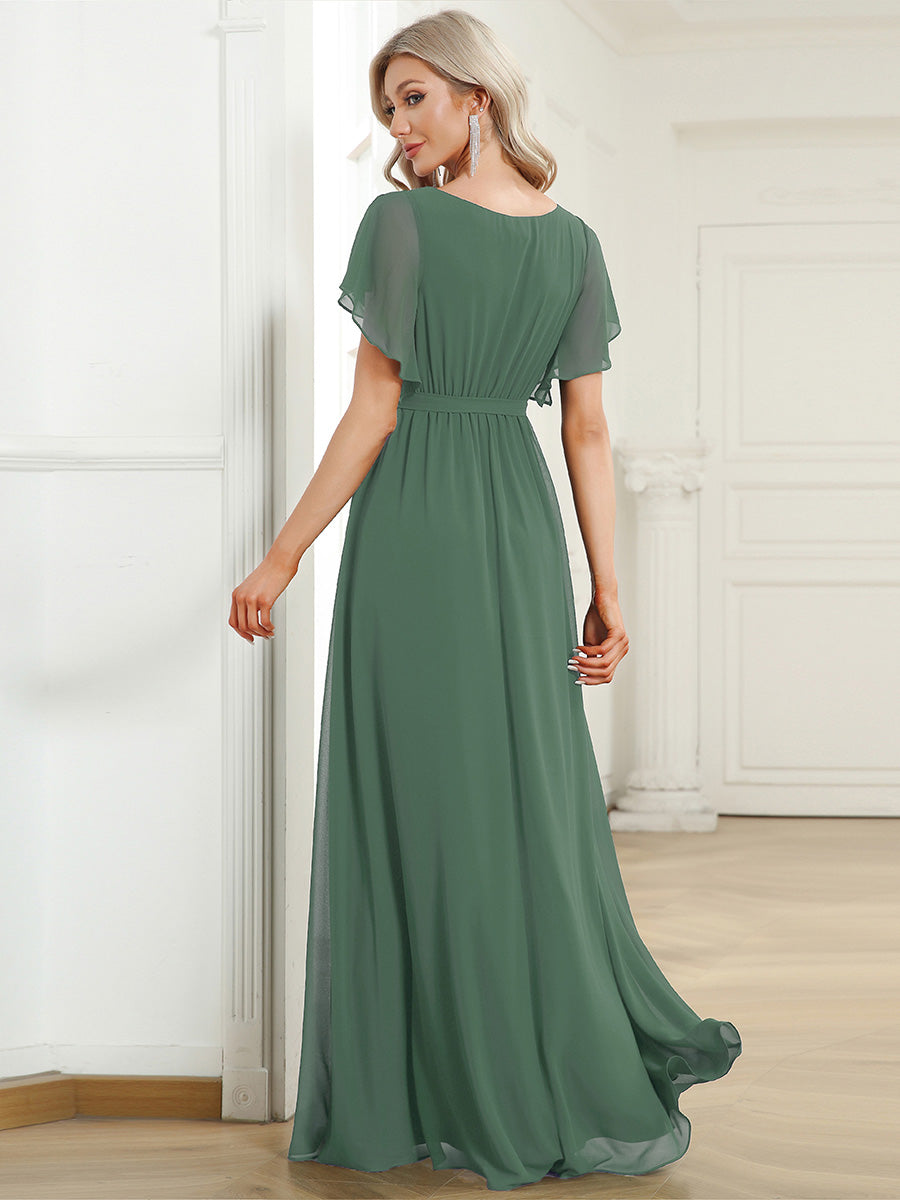 Robe de demoiselle d'honneur en mousseline de soie à encolure en V et à manches #Couleur_Eucalyptus
