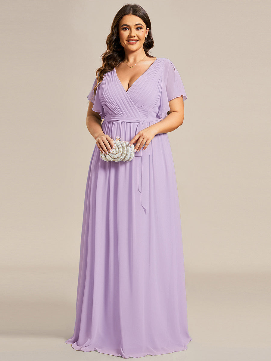 Robe de demoiselle d'honneur en mousseline de soie à encolure en V et à manches #Couleur_Lilas Givré