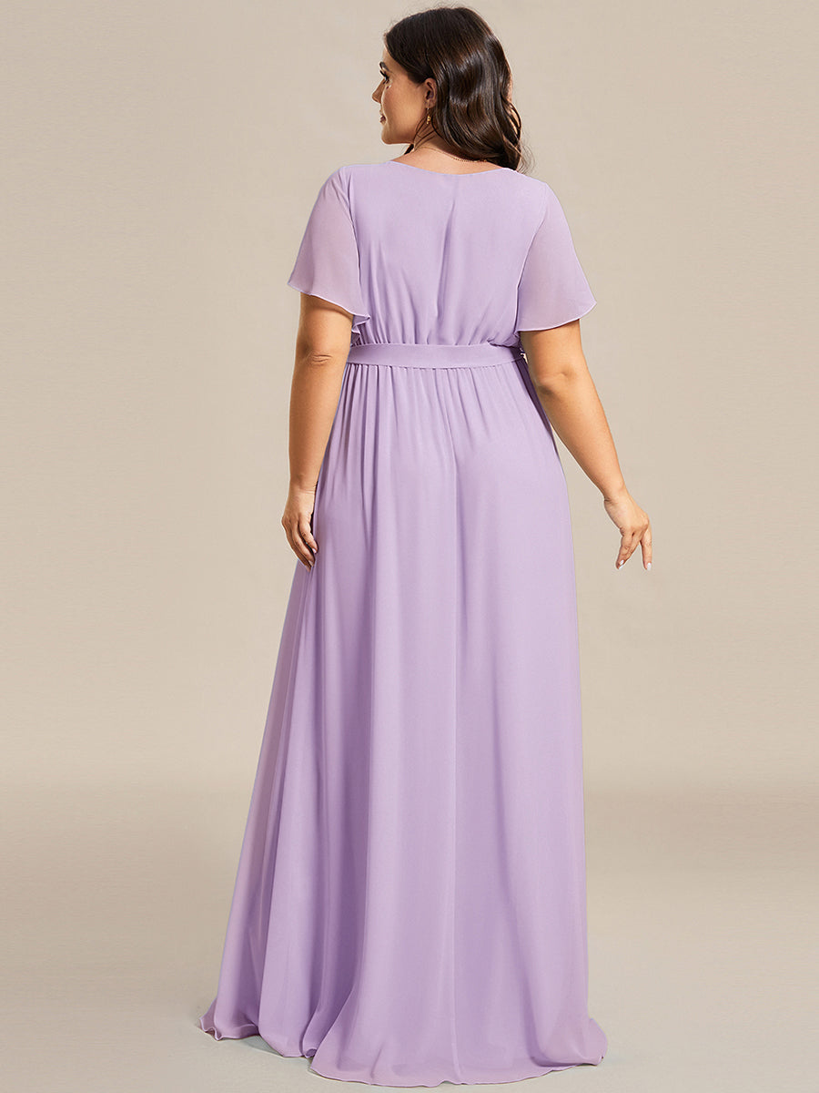 Robe de demoiselle d'honneur en mousseline de soie à encolure en V et à manches #Couleur_Lilas Givré