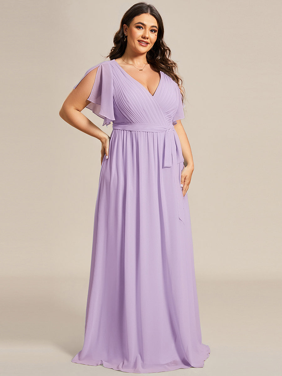 Robe de demoiselle d'honneur en mousseline de soie à encolure en V et à manches #Couleur_Lilas Givré