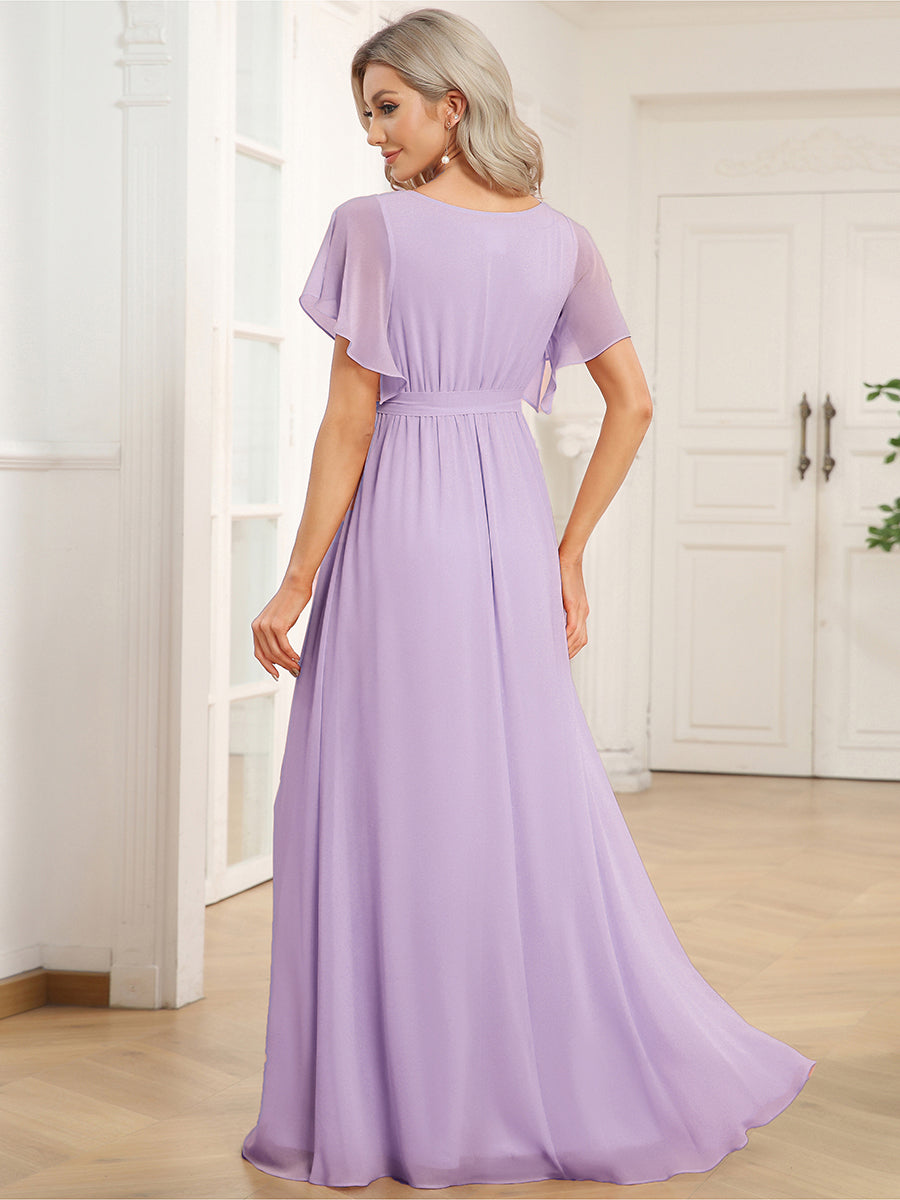 Robe de demoiselle d'honneur en mousseline de soie à encolure en V et à manches #Couleur_Lilas Givré