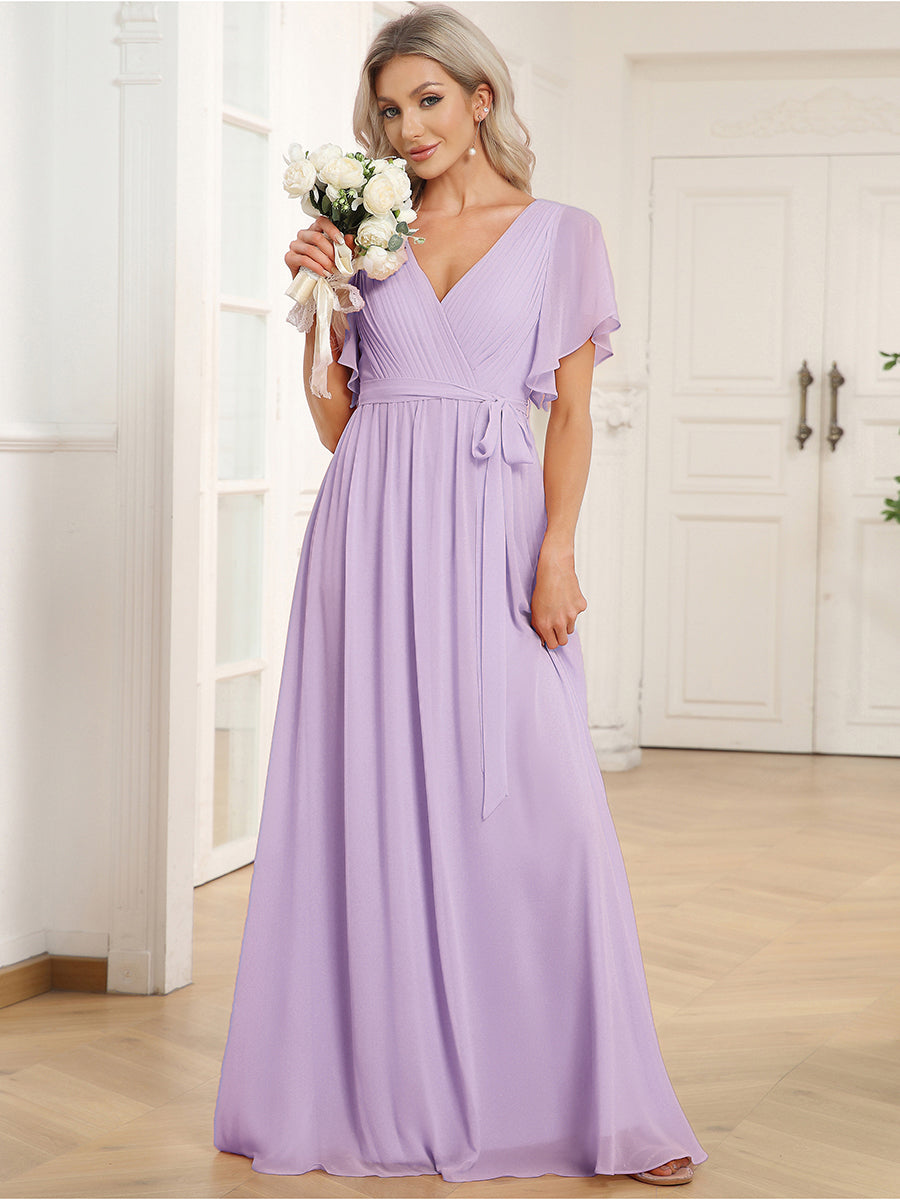 Robe de demoiselle d'honneur en mousseline de soie à encolure en V et à manches #Couleur_Lilas Givré
