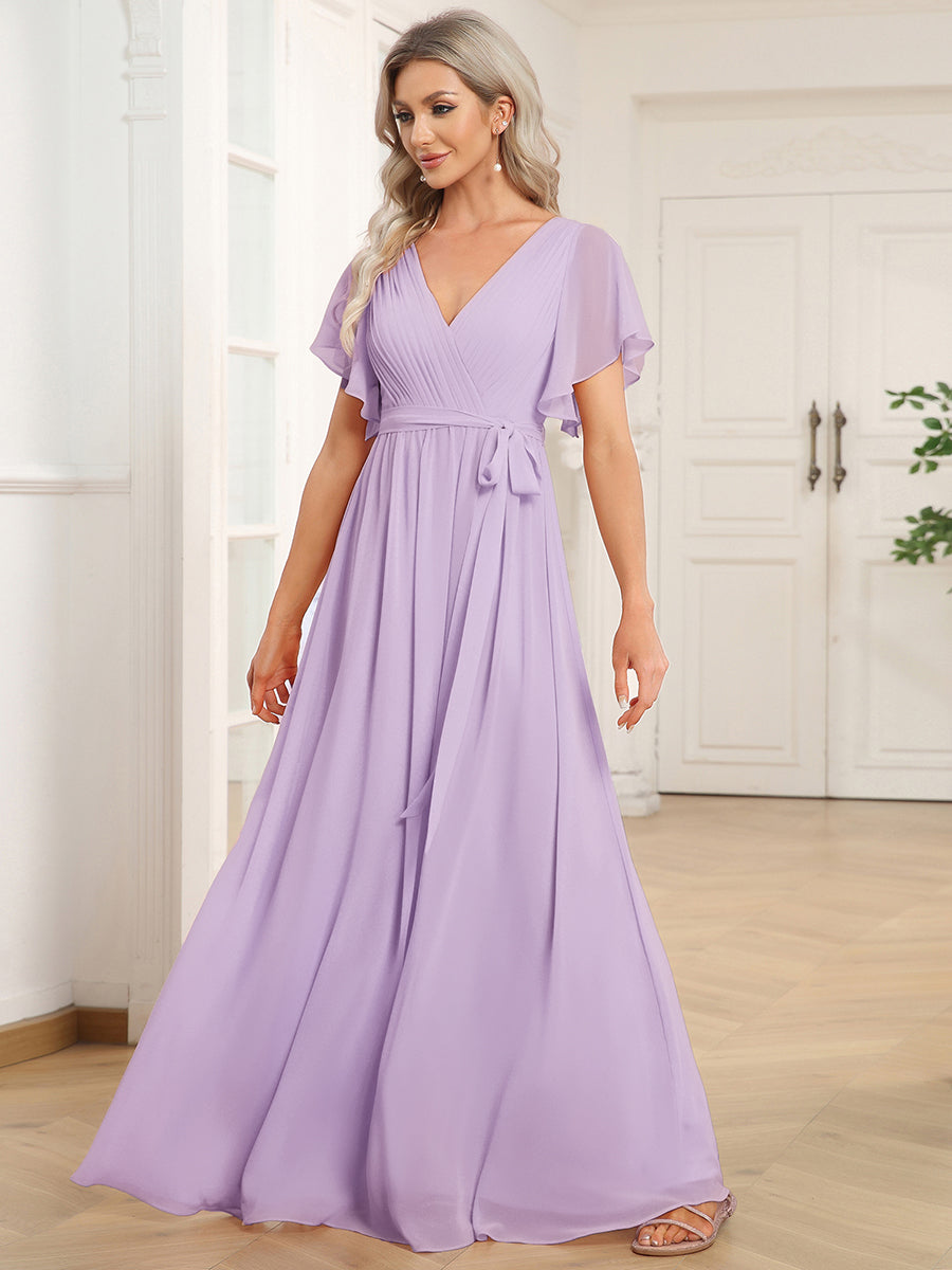 Robe de demoiselle d'honneur en mousseline de soie à encolure en V et à manches #Couleur_Lilas Givré