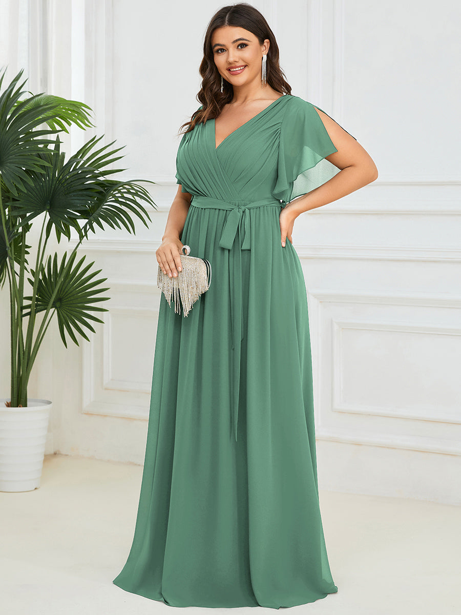 Robe mariage invitée en mousseline de soie à encolure en V et à manches flottantes #Couleur_Haricot Vert