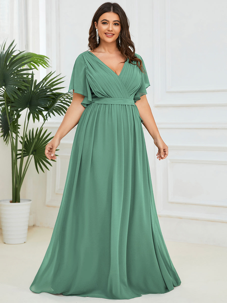 Robe mariage invitée en mousseline de soie à encolure en V et à manches flottantes #Couleur_Haricot Vert