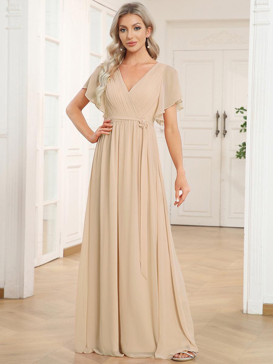 Robe de demoiselle d'honneur en mousseline de soie à encolure en V et à manches #Couleur_Dorée