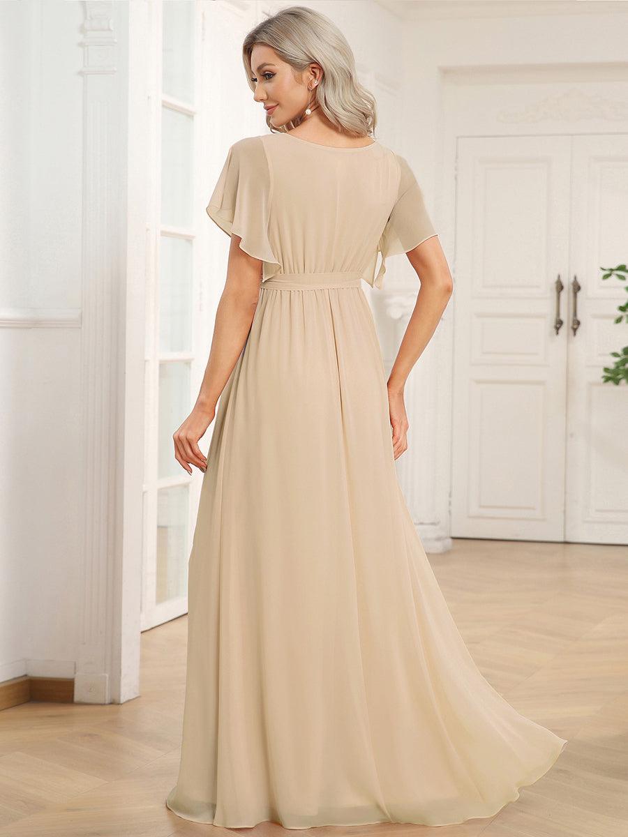Robe de demoiselle d'honneur en mousseline de soie à encolure en V et à manches #Couleur_Dorée