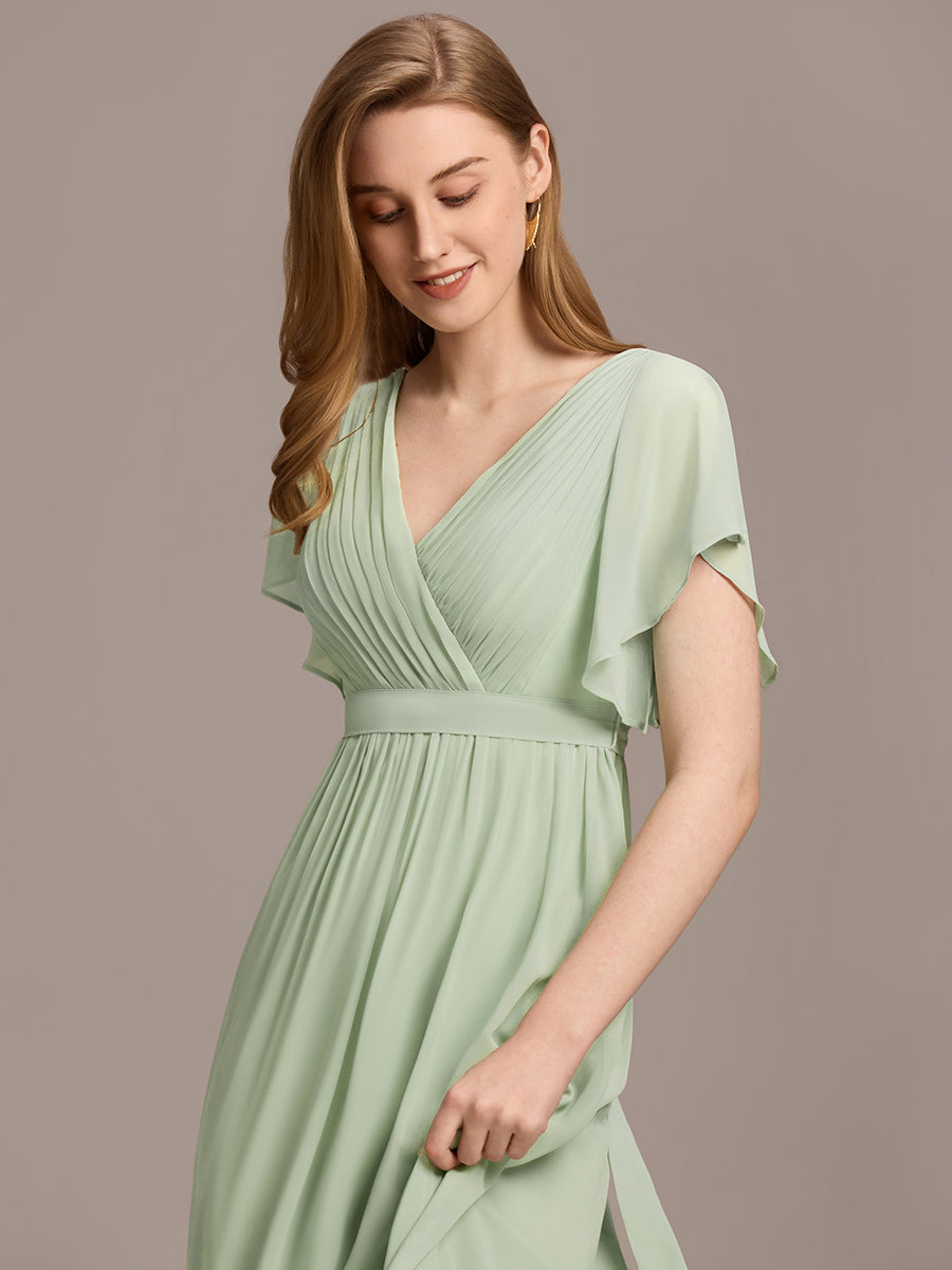 Robe de demoiselle d'honneur en mousseline de soie à encolure en V et à manches #Couleur_Menthe Verte