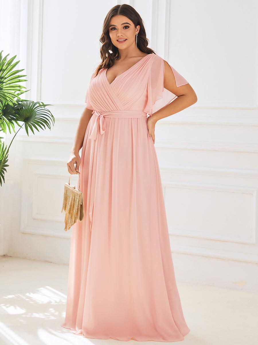 Robe de demoiselle d'honneur en mousseline de soie à encolure en V et à manches #Couleur_Rose