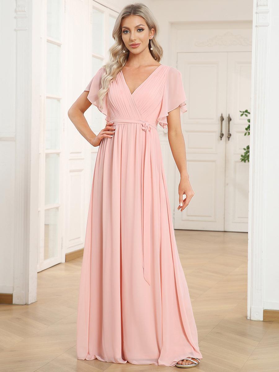 Robe de demoiselle d'honneur en mousseline de soie à encolure en V et à manches #Couleur_Rose