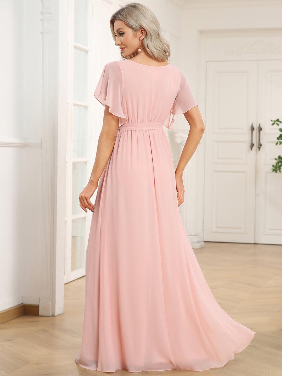 Robe de demoiselle d'honneur en mousseline de soie à encolure en V et à manches #Couleur_Rose