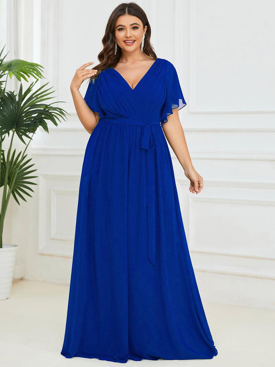 Robe de demoiselle d'honneur en mousseline de soie à encolure en V et à manches #Couleur_Bleu Saphir