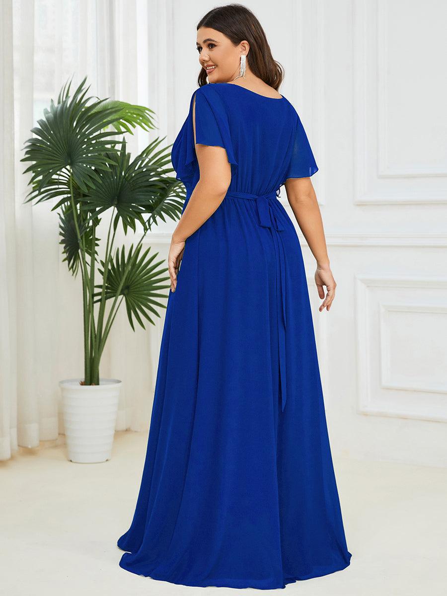 Robe de demoiselle d'honneur en mousseline de soie à encolure en V et à manches #Couleur_Bleu Saphir
