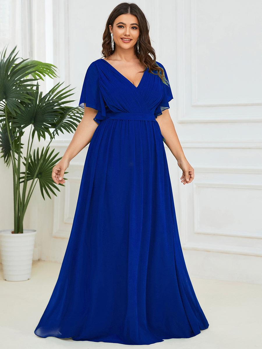 Robe de demoiselle d'honneur en mousseline de soie à encolure en V et à manches #Couleur_Bleu Saphir
