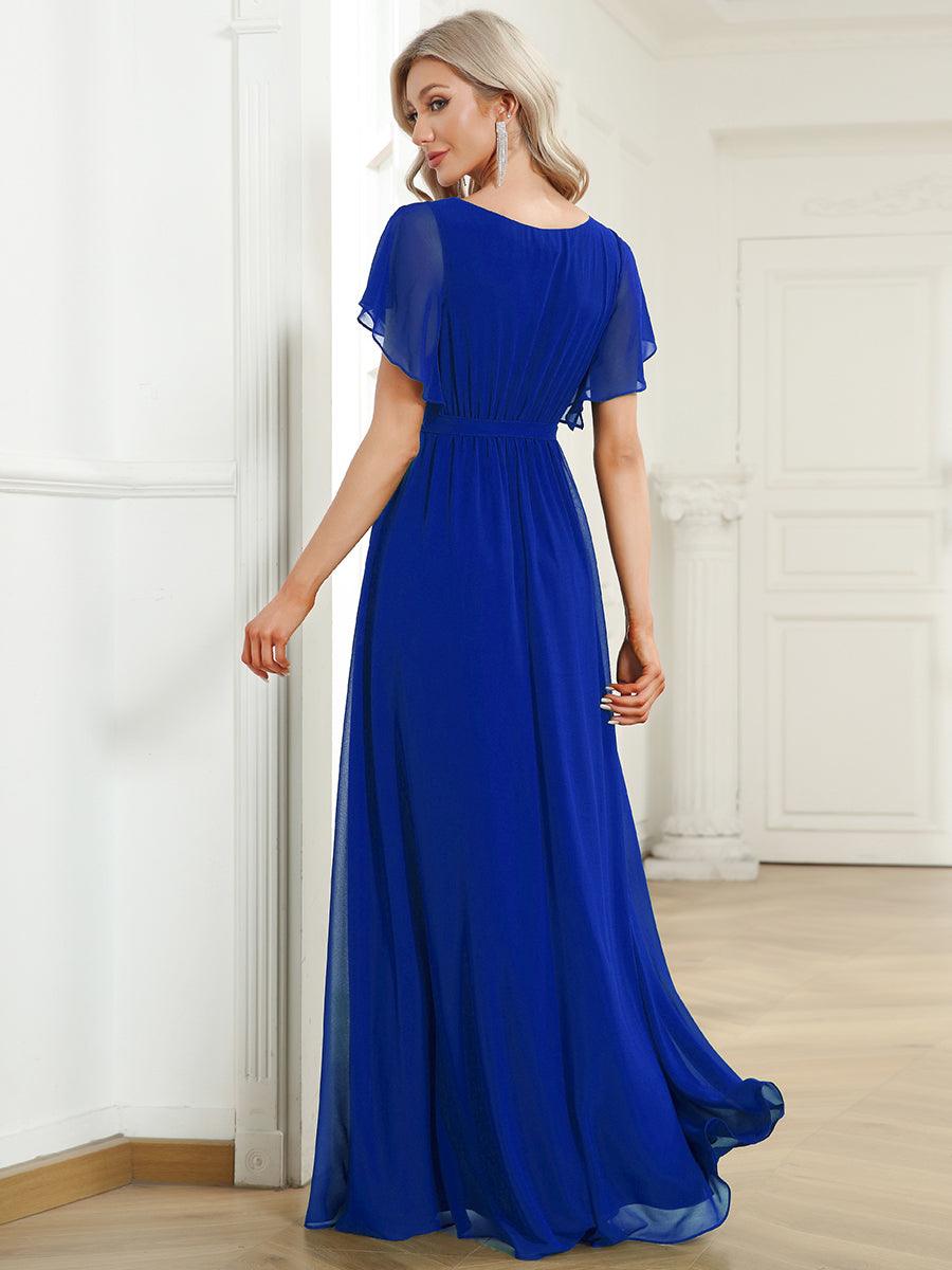Robe de demoiselle d'honneur en mousseline de soie à encolure en V et à manches #Couleur_Bleu Saphir