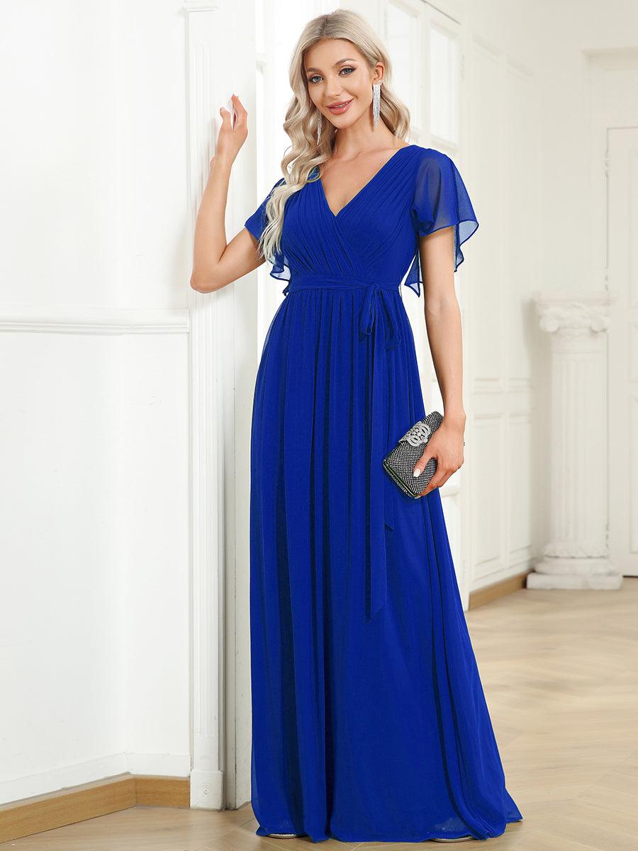 Robe de demoiselle d'honneur en mousseline de soie à encolure en V et à manches #Couleur_Bleu Saphir