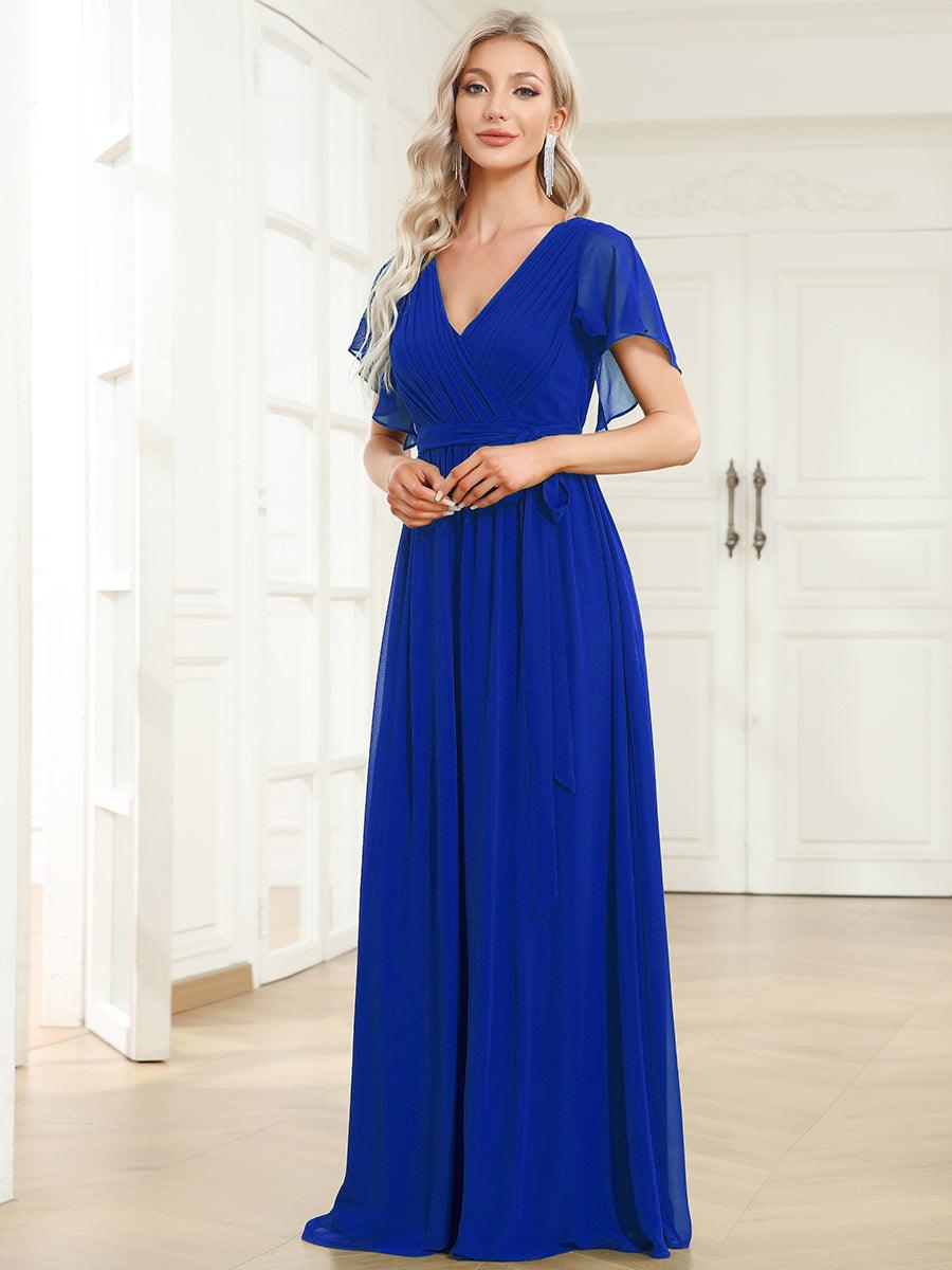 Robe de demoiselle d'honneur en mousseline de soie à encolure en V et à manches #Couleur_Bleu Saphir