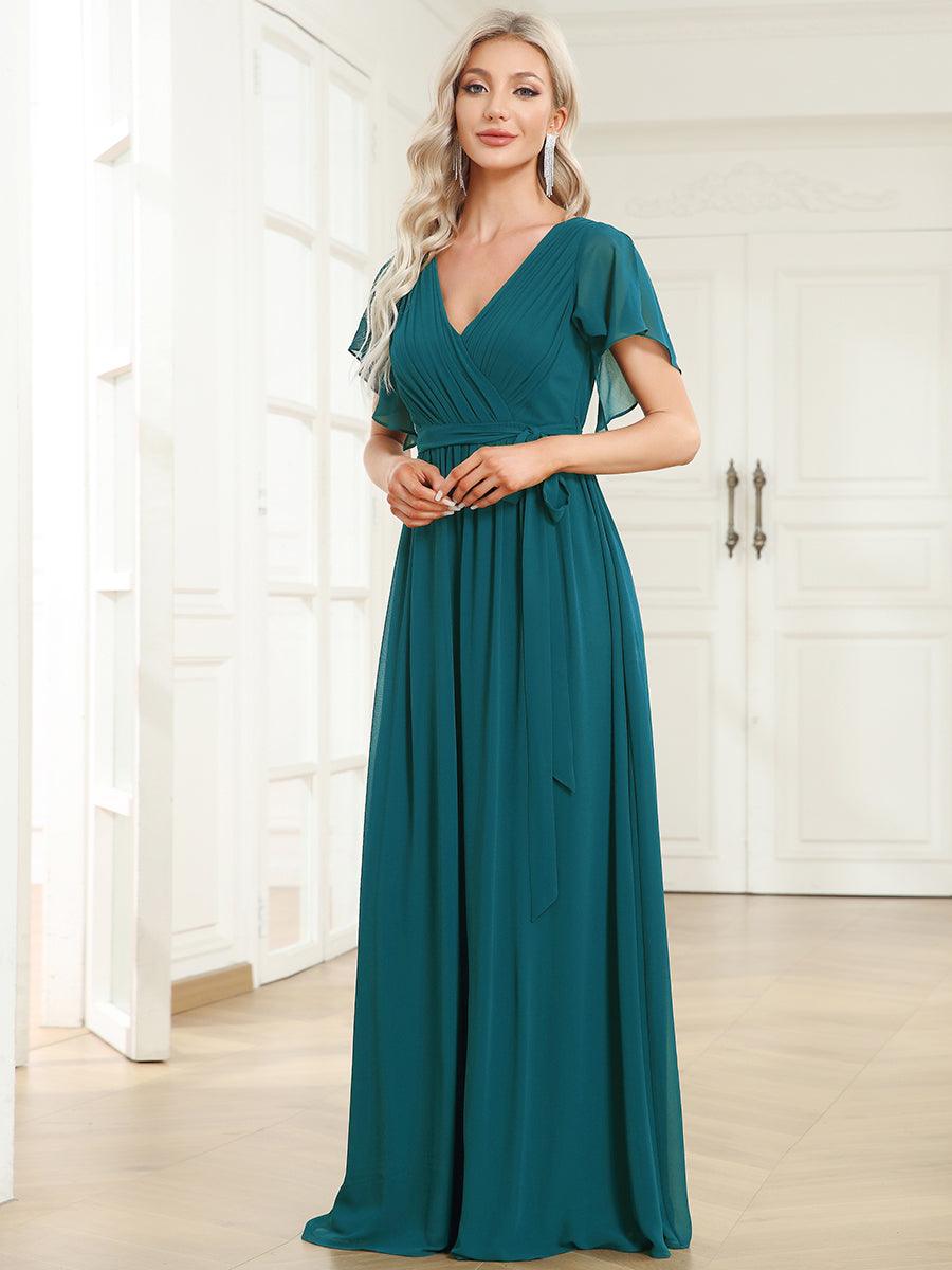Robe de demoiselle d'honneur en mousseline de soie à encolure en V et à manches #Couleur_Bleu Sarcelle