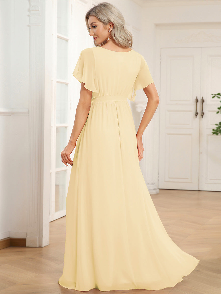 Robe de demoiselle d'honneur en mousseline de soie à encolure en V et à manches #Couleur_Jaune