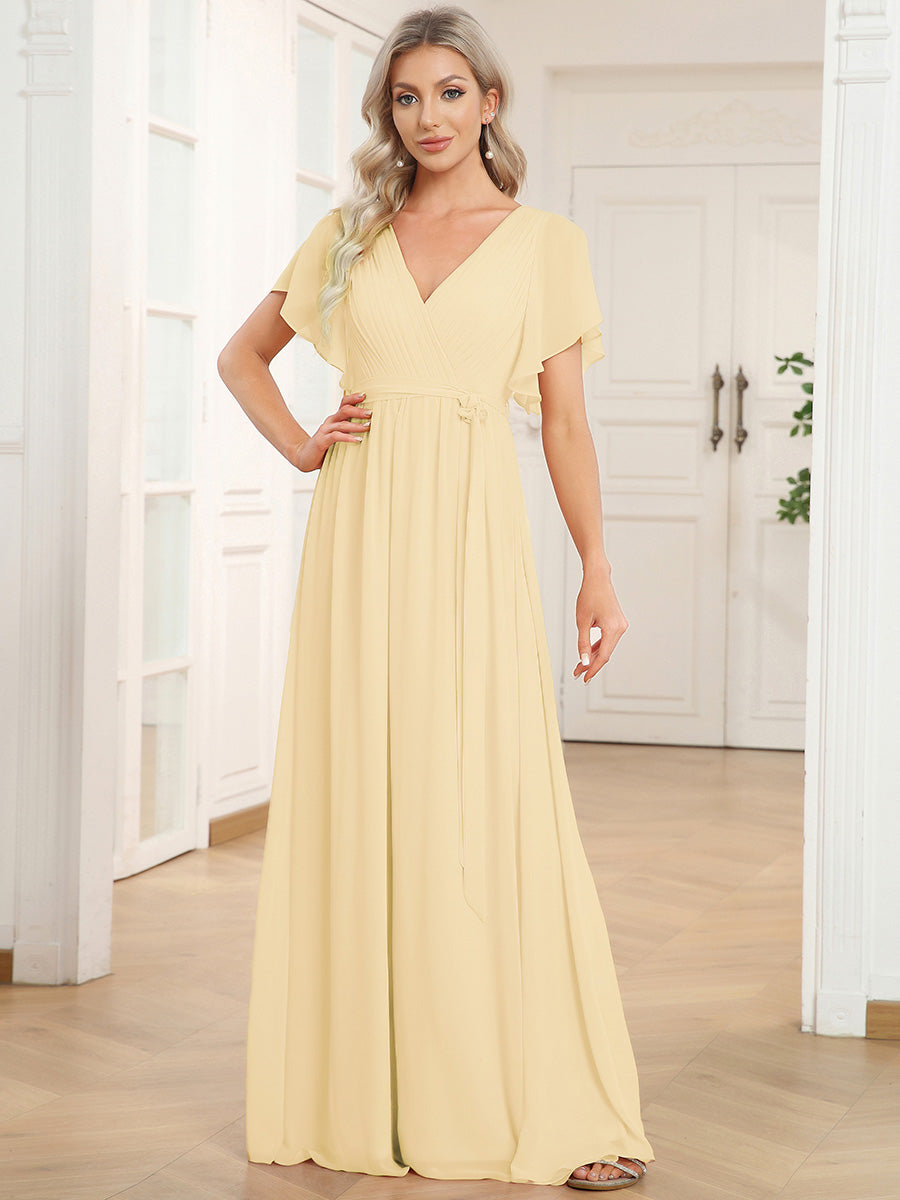 Robe de demoiselle d'honneur en mousseline de soie à encolure en V et à manches #Couleur_Jaune