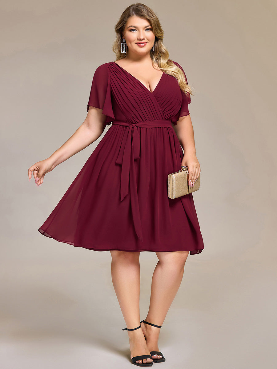 Robe d'invité de mariage trapèze en mousseline fluide à encolure ronde et longueur au genou #Couleur_Bordeaux