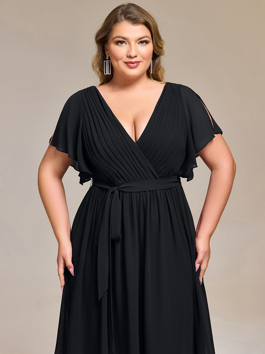 Robe d'invité de mariage trapèze en mousseline fluide à encolure ronde et longueur au genou #Couleur_Bleu Fume