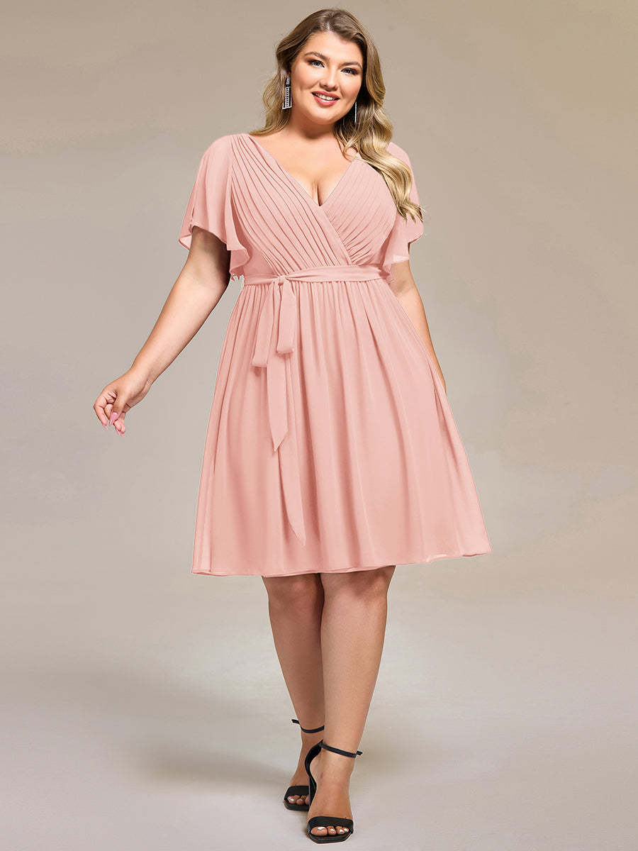 Robe d'invité de mariage trapèze en mousseline fluide à encolure ronde et longueur au genou #Couleur_Bleu Saphir