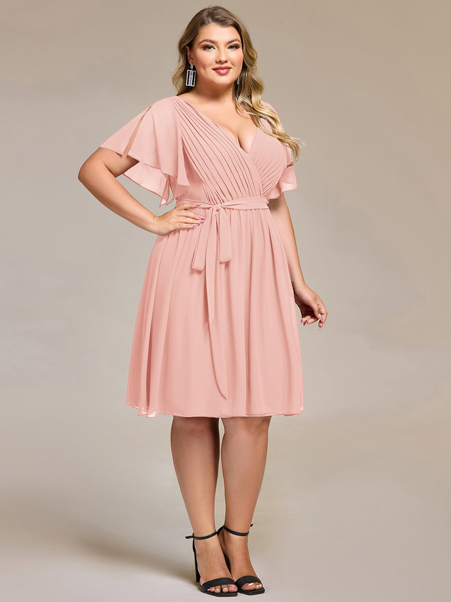 Robe d'invité de mariage trapèze en mousseline fluide à encolure ronde et longueur au genou #Couleur_Bleu Saphir