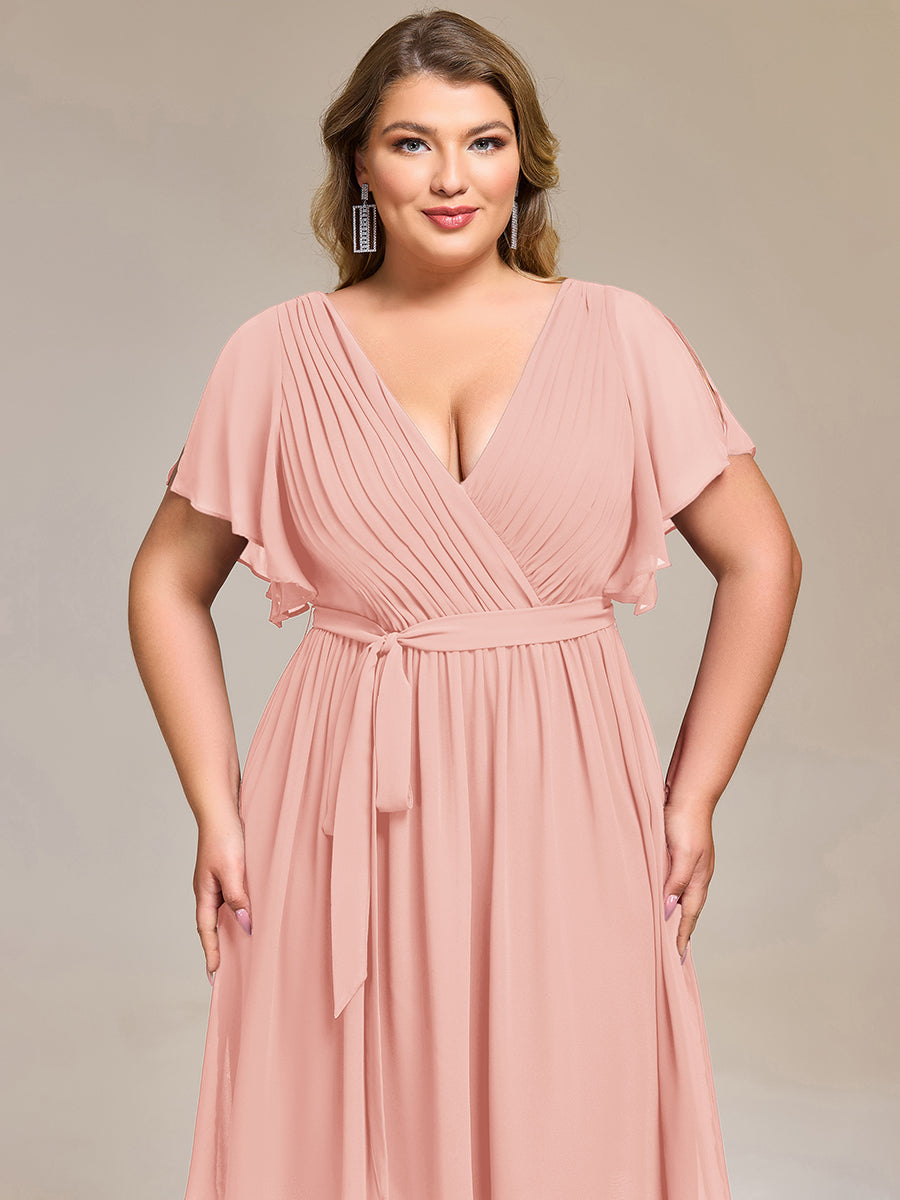 Robe d'invité de mariage trapèze en mousseline fluide à encolure ronde et longueur au genou #Couleur_Bleu Saphir