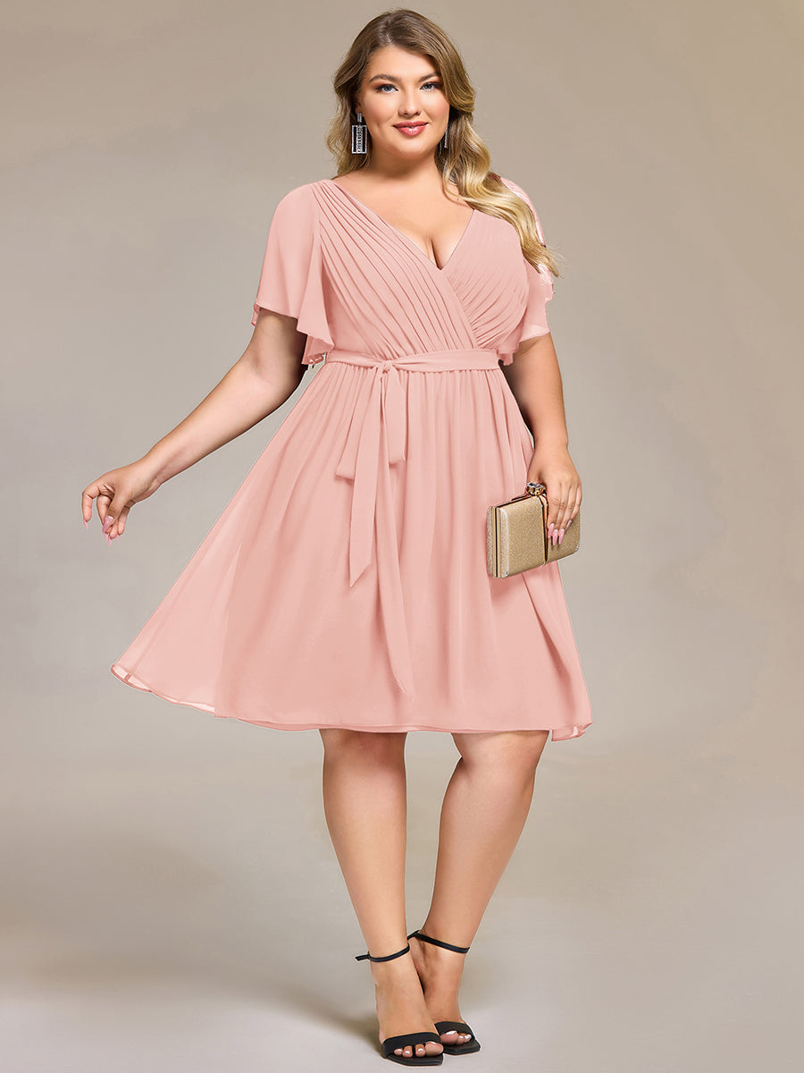 Robe d'invité de mariage trapèze en mousseline fluide à encolure ronde et longueur au genou #Couleur_Rose