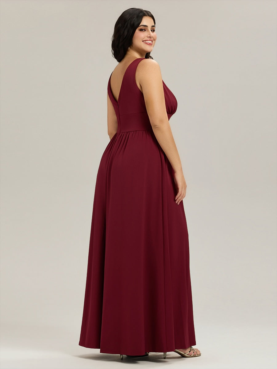 Robe de Bal Grande Taille Sans Manches Col en V Taille Empire Fendue au Sol #Couleur_Bordeaux
