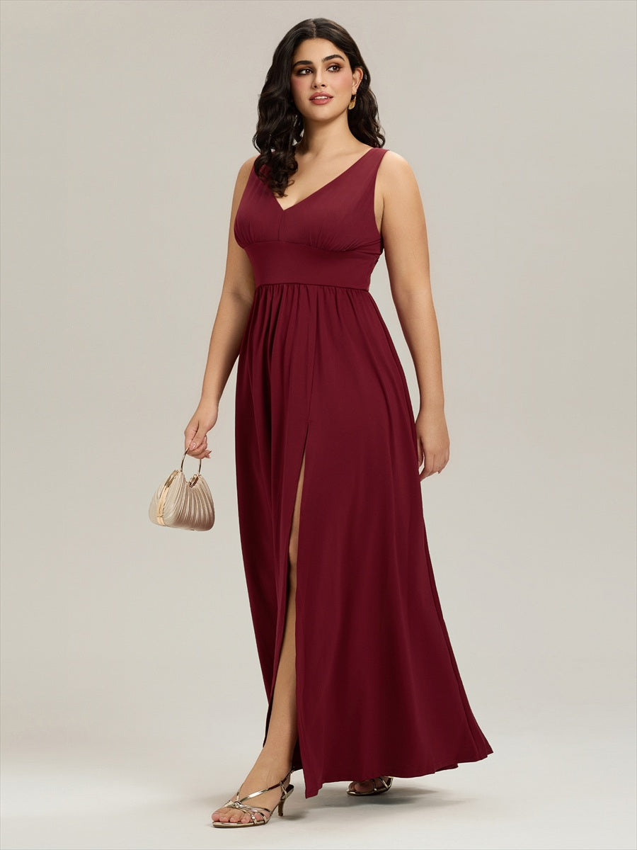 Robe de soir??e longue au sol ?? taille empire et ?? encolure en V #Couleur_Bordeaux