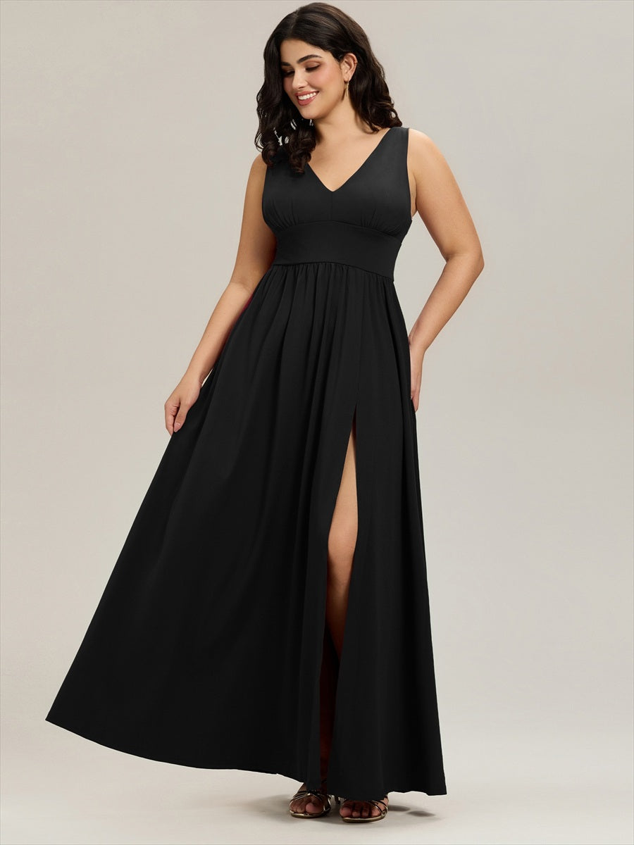 Robe de Bal Grande Taille Sans Manches Col en V Taille Empire Fendue au Sol #Couleur_Noir