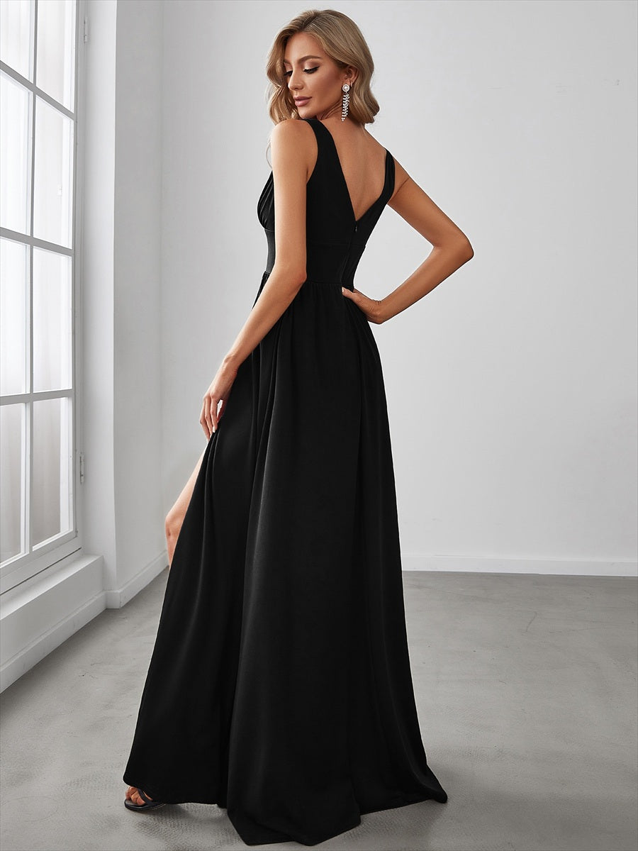 Robe de soir??e longue au sol ?? taille empire et ?? encolure en V #Couleur_Noir
